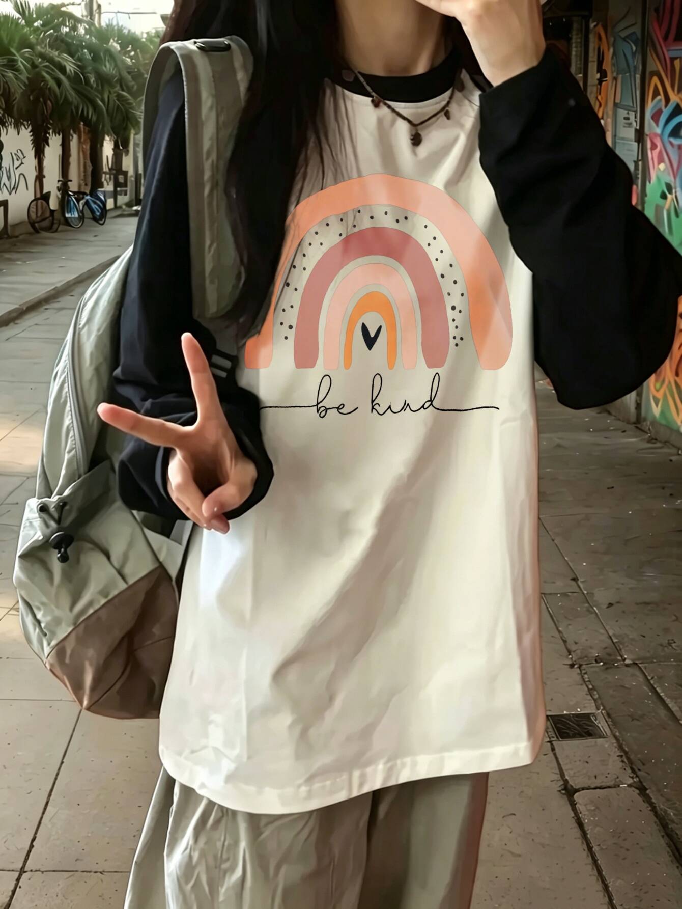 Tee Graphic Print - Harajuku vintage Casual Regenboogprint Lange Mouw